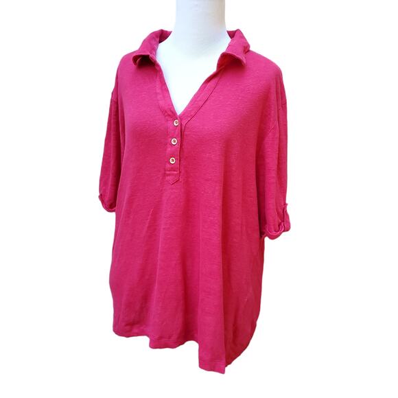 Chico's Sz 4 Pink Linen Collared Polo Shirt Top Short Sleeve Snap Closure Sz XXL - Picture 6 of 10